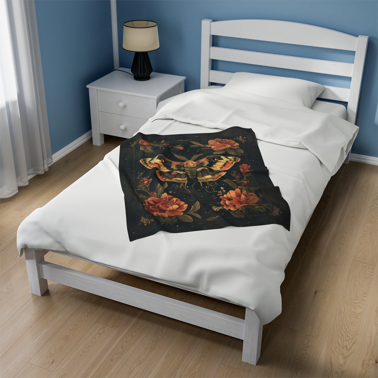 Mystic Midnight Moth with Lush Florals Velveteen Plush Blanket 3 Sizes