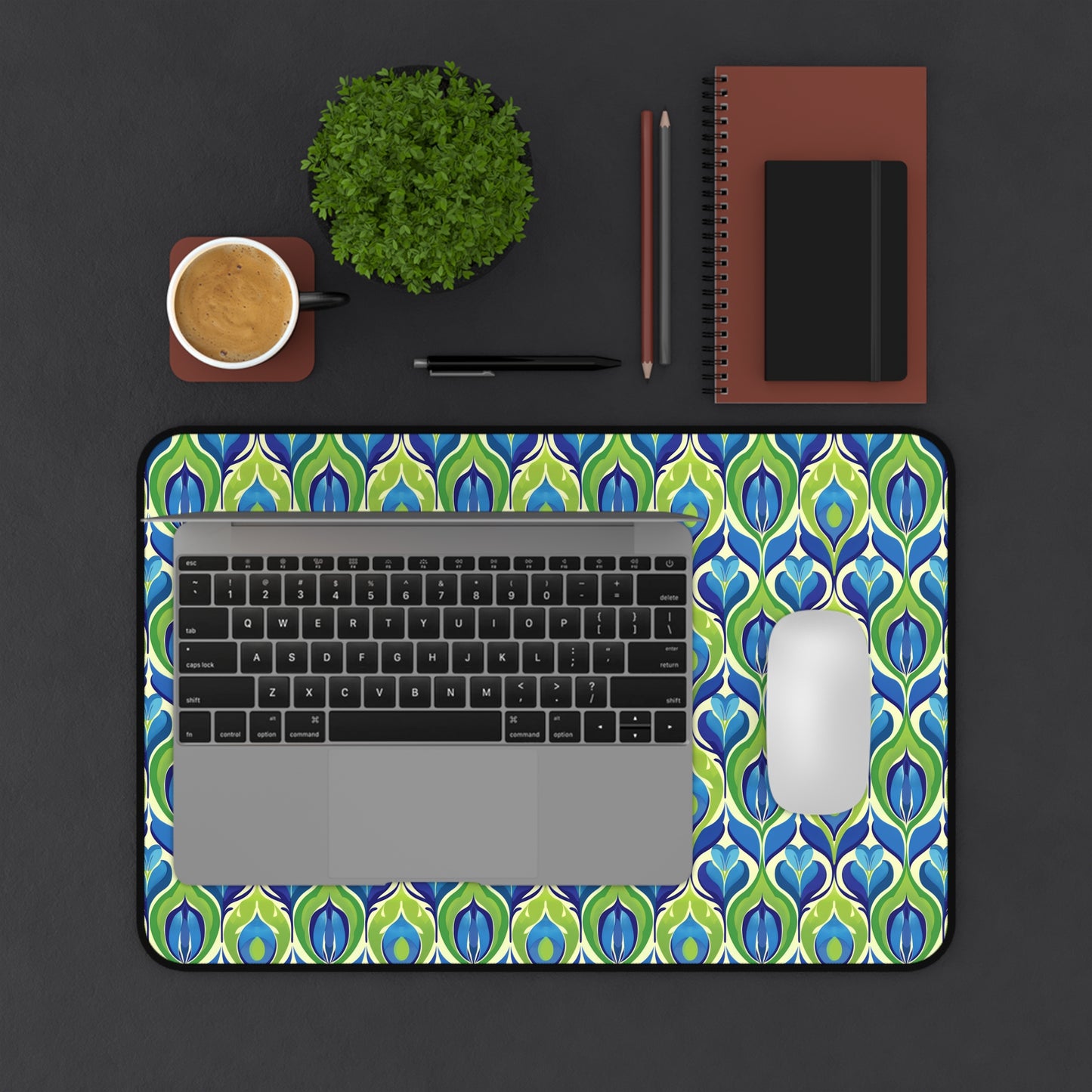 Retro Vibrant Peacock Blue and Green Floral Design Extended Gaming Mouse Pad  Desk Mat  - 3 Sizes