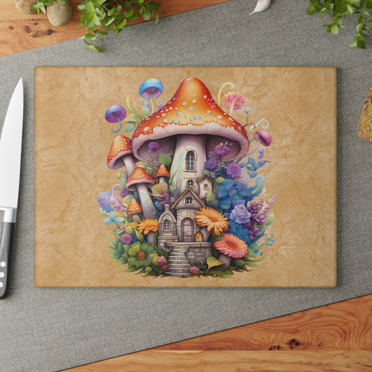 Fairytale Mushroom Cottage House with Floral Garden on Tan Watercolor Background - Glass Cutting Board  8" x 11" and 11" x 15"