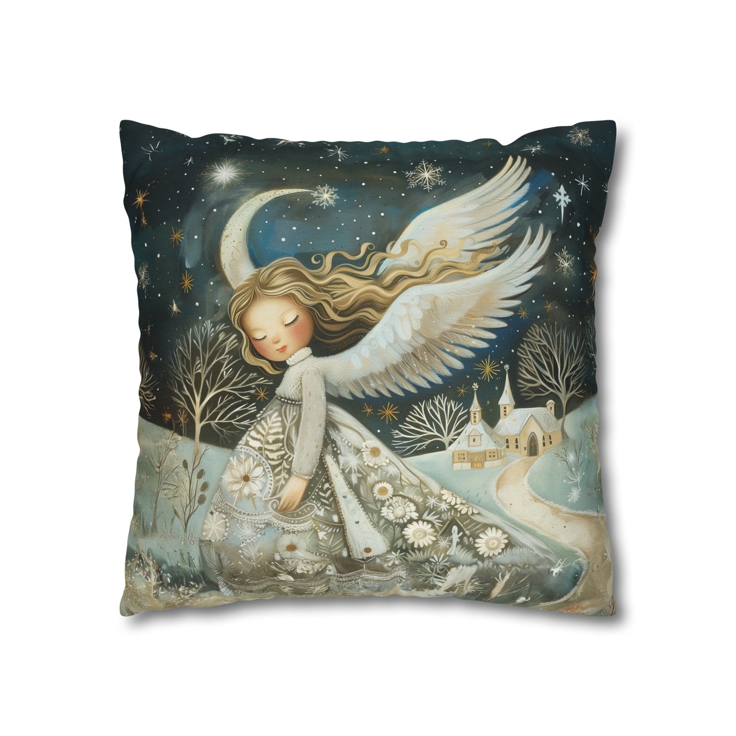 Guardian of Bloom: Young Angel in Floral Dress Amidst a Quaint Village Spun Polyester Square Pillowcase 4 Sizes