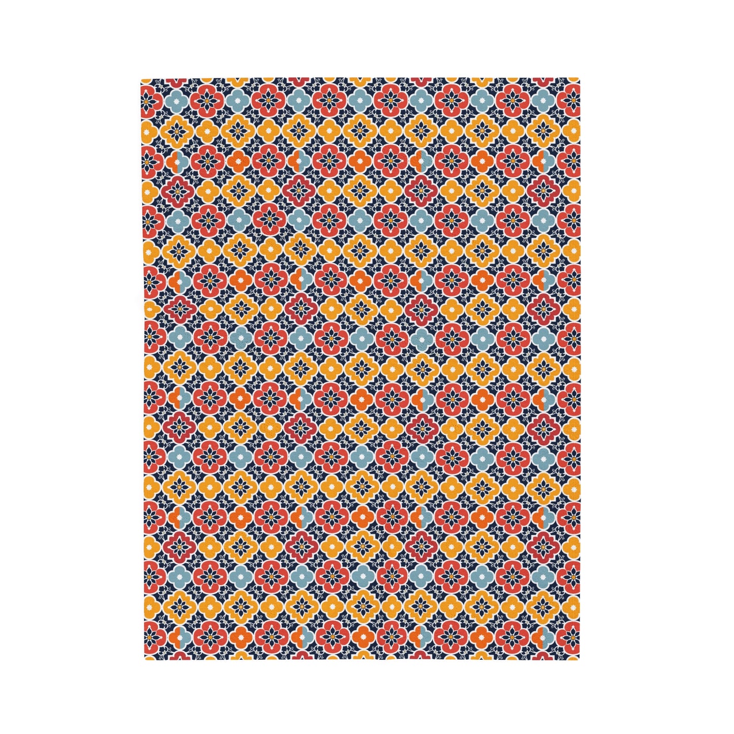 Vibrant Moroccan Orange, Gold and Blue Tile Pattern Velveteen Plush Blanket 3 Sizes