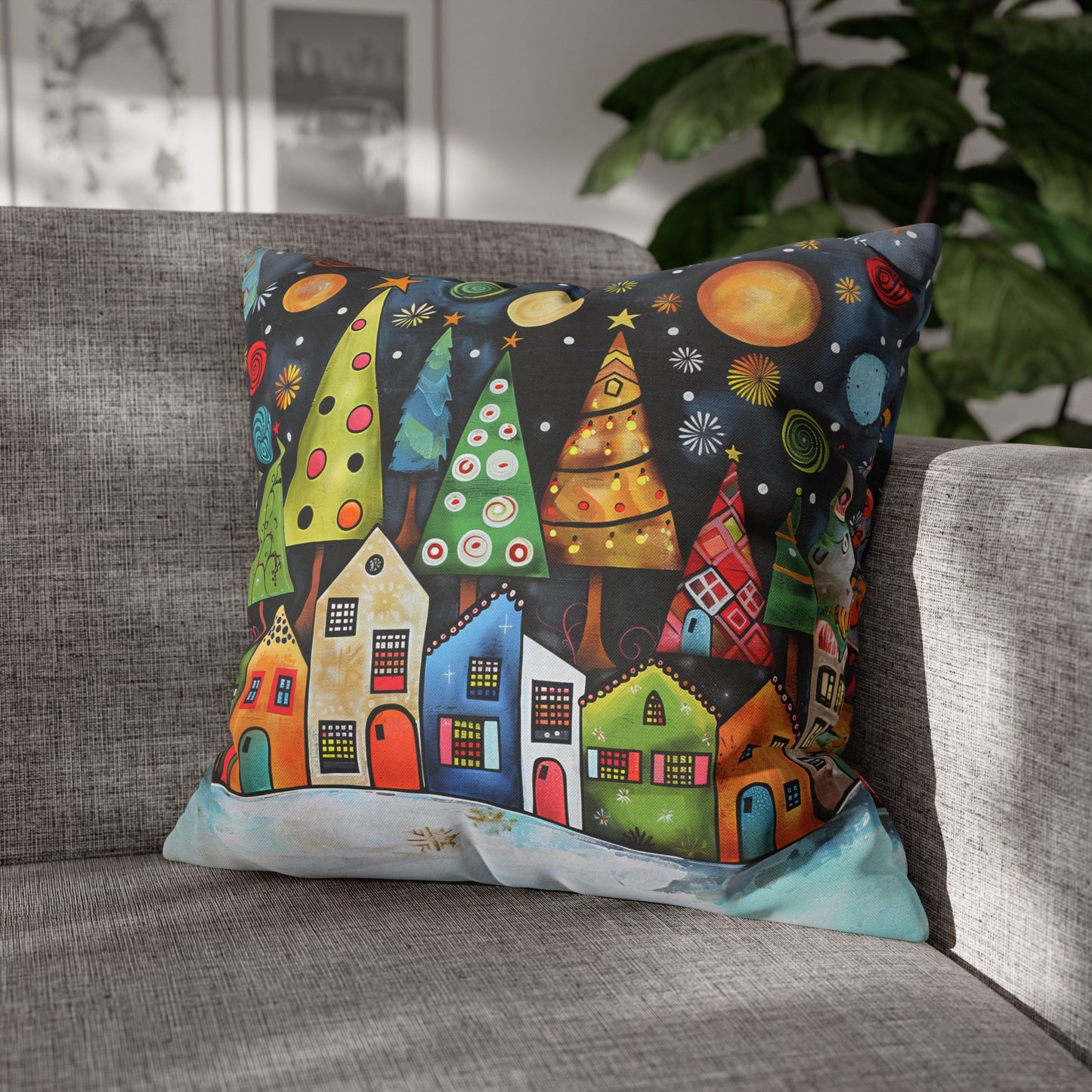 Holiday Haven: Abstract Folk Art Christmas Village Adorned with Christmas Trees Scene Spun Polyester Square Pillowcase 4 Sizes