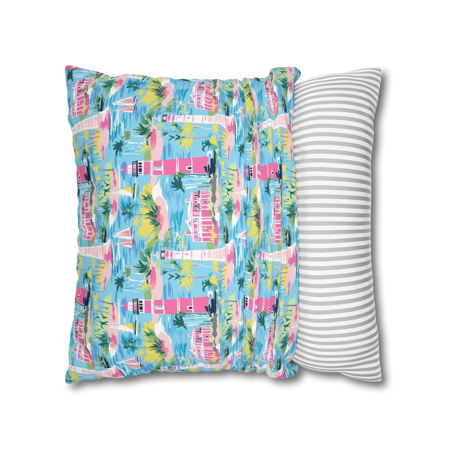 Coastal Charms: Sailboats and Lighthouses Adorning the Coastline Spun Polyester Square Pillowcase 4 Sizes