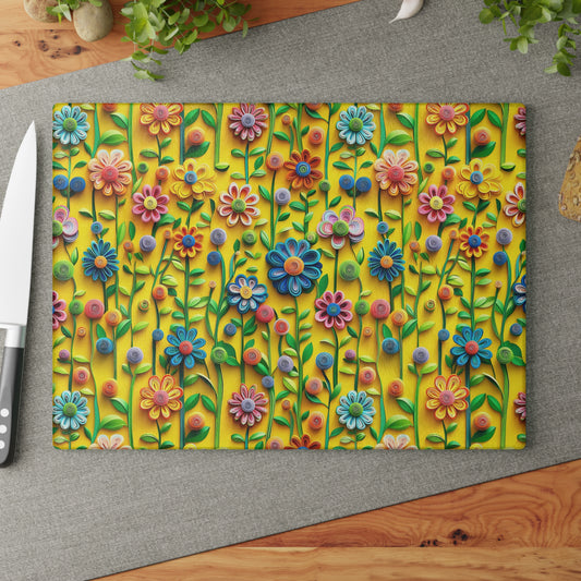 Springtime WildFlowers in 3D Glass Cutting Board, Charcuterie Serving Tray 2 Sizes