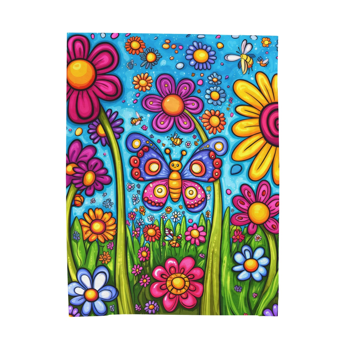 Vibrant Butterfly in Floral Fantasy with Bees and Blossoms Velveteen Plush Blanket 3 Sizes