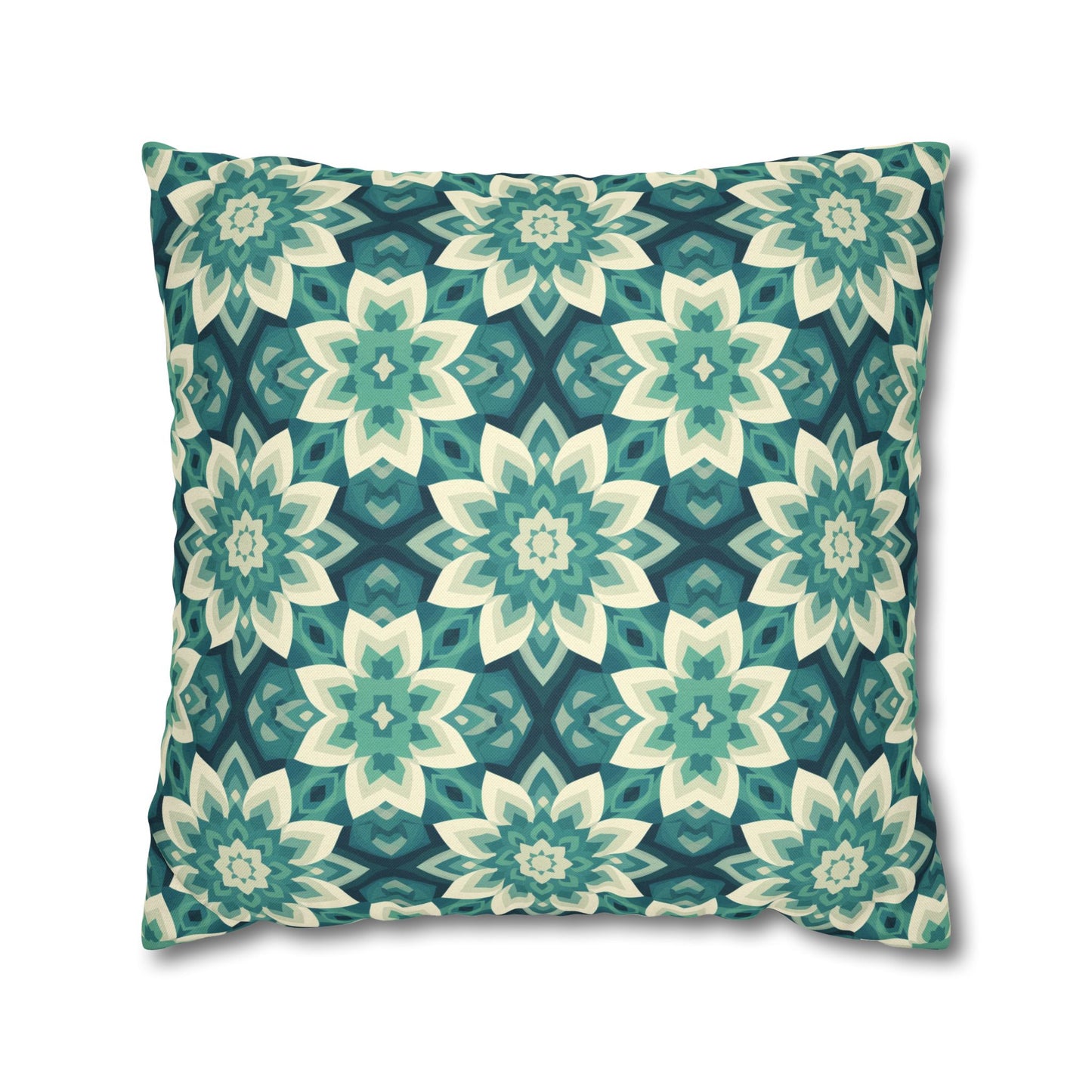 Intricate Aqua and Teal Mandala Floral Pattern Spun Polyester Square Pillowcase 4 Sizes