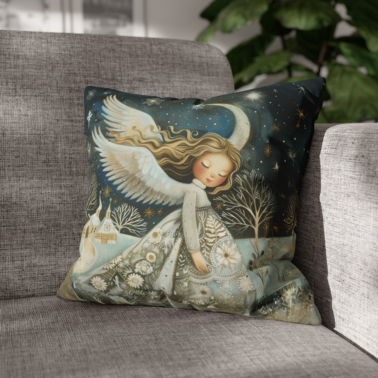 Guardian of Bloom: Young Angel in Floral Dress Amidst a Quaint Village Spun Polyester Square Pillowcase 4 Sizes