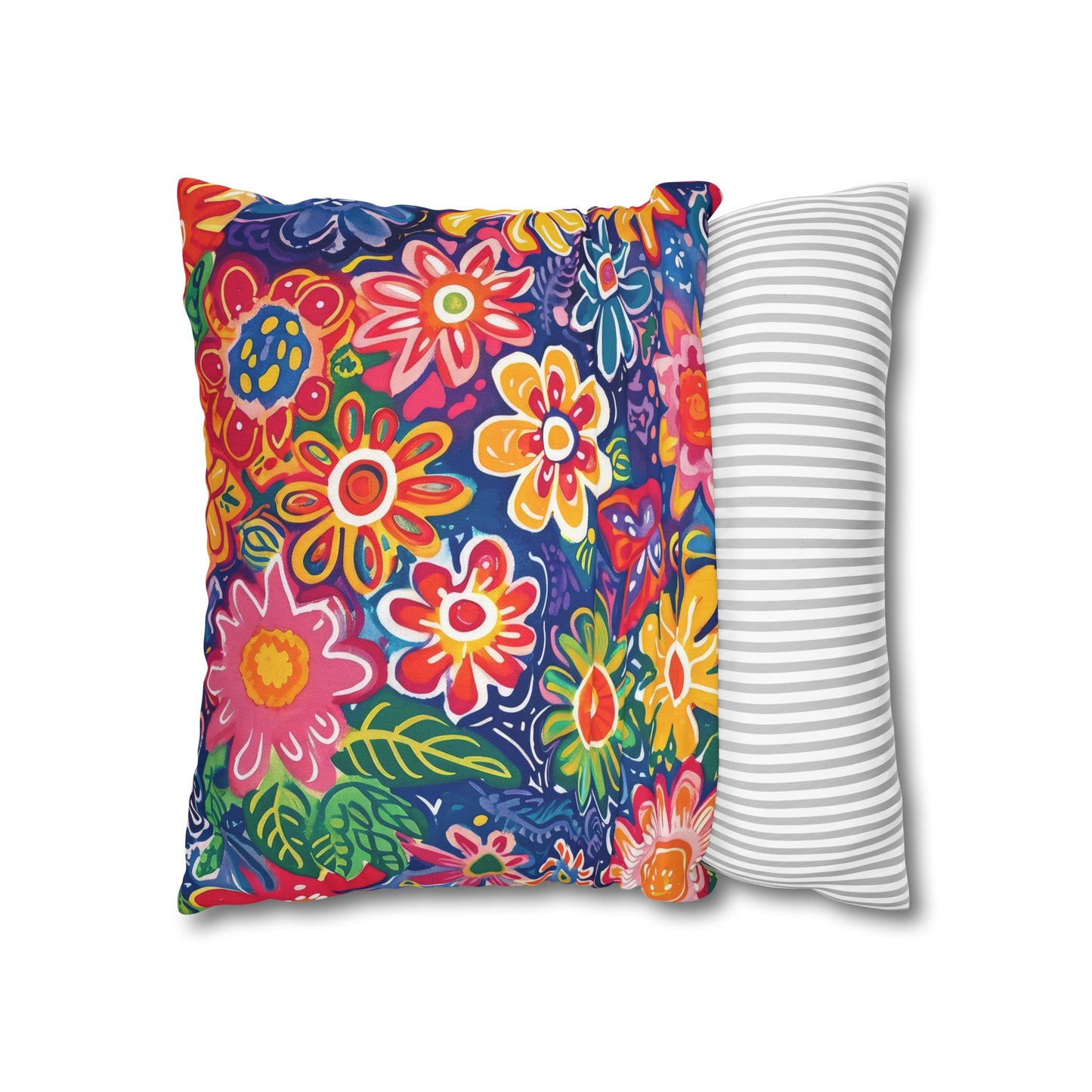 Fluttering Kaleidoscope: Vibrant Multicolor Flowers and Butterflies in Flight Spun Polyester Square Pillowcase 4 Sizes