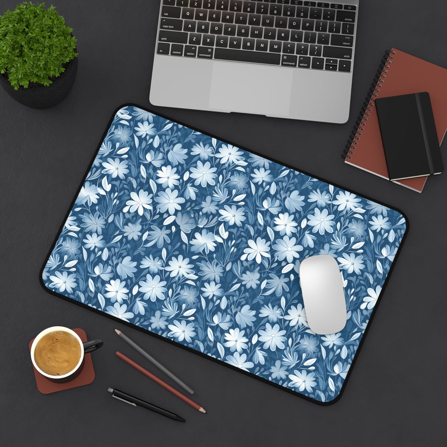 Gentle Elegance: Soft Muted Blue Flower Design - Desk Mat Extended Gaming Mouse Pad 3 Sizes