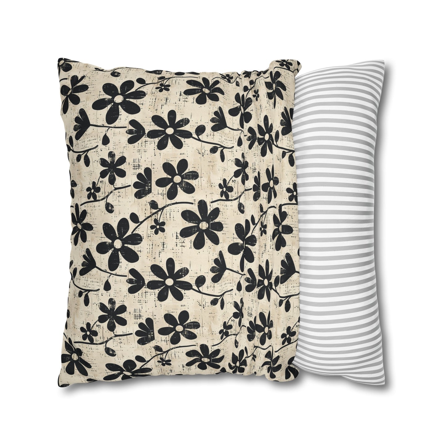 Distressed Black Floral on Beige Background Spun Polyester Square Pillowcase 4 Sizes