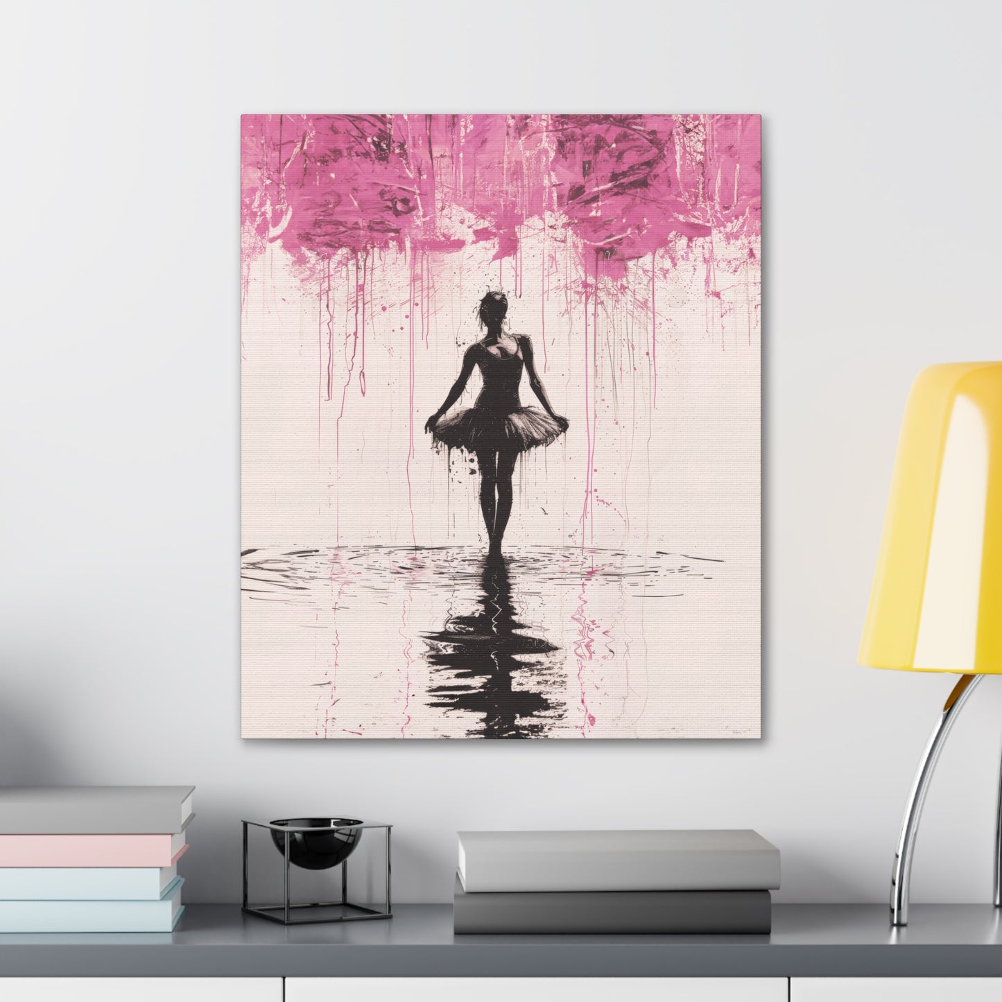 Dreamlike Reverie: Ballerina Dancing Amidst Pink Clouds and Gentle Rain Print on Canvas Gallery - 13 Sizes