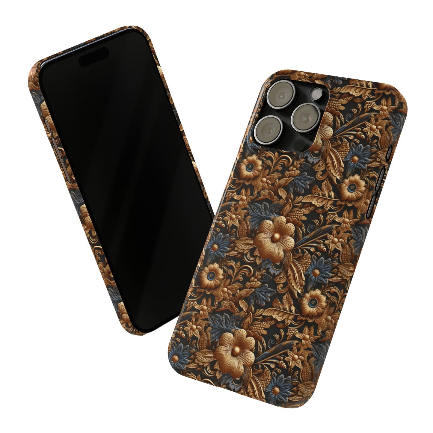 Tooled Leather Gold Flowers with Blue Leaves Accent Print Design Iphone 15-12 Slim Phone Case