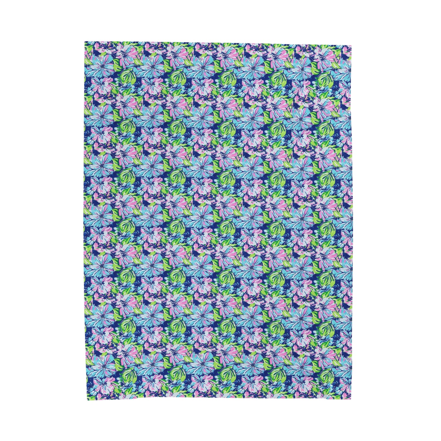 Seaside Coastal Pink, Navy, and Green Tropical Blooms Velveteen Plush Blanket 3 Sizes