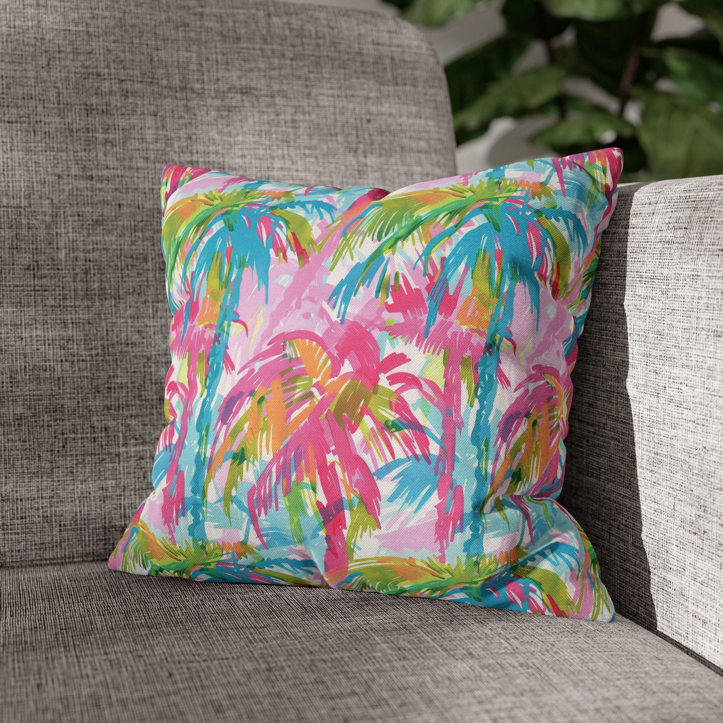 Pastel Paradise: Palm Trees in Soft Blues, Pinks, and Greens Spun Polyester Square Pillowcase 4 Sizes