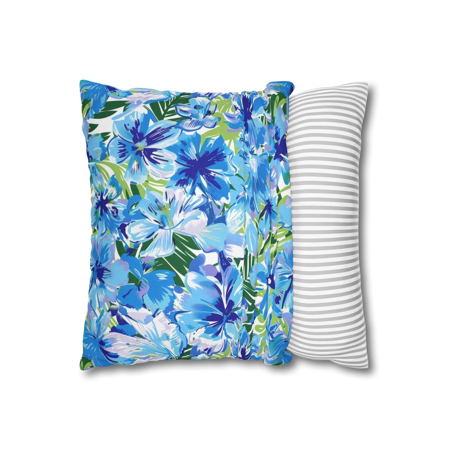 Azure Bloom Oasis: Bright Blue Large Flowers with Lush Green Palm Leaves Spun Polyester Square Pillowcase 4 Sizes