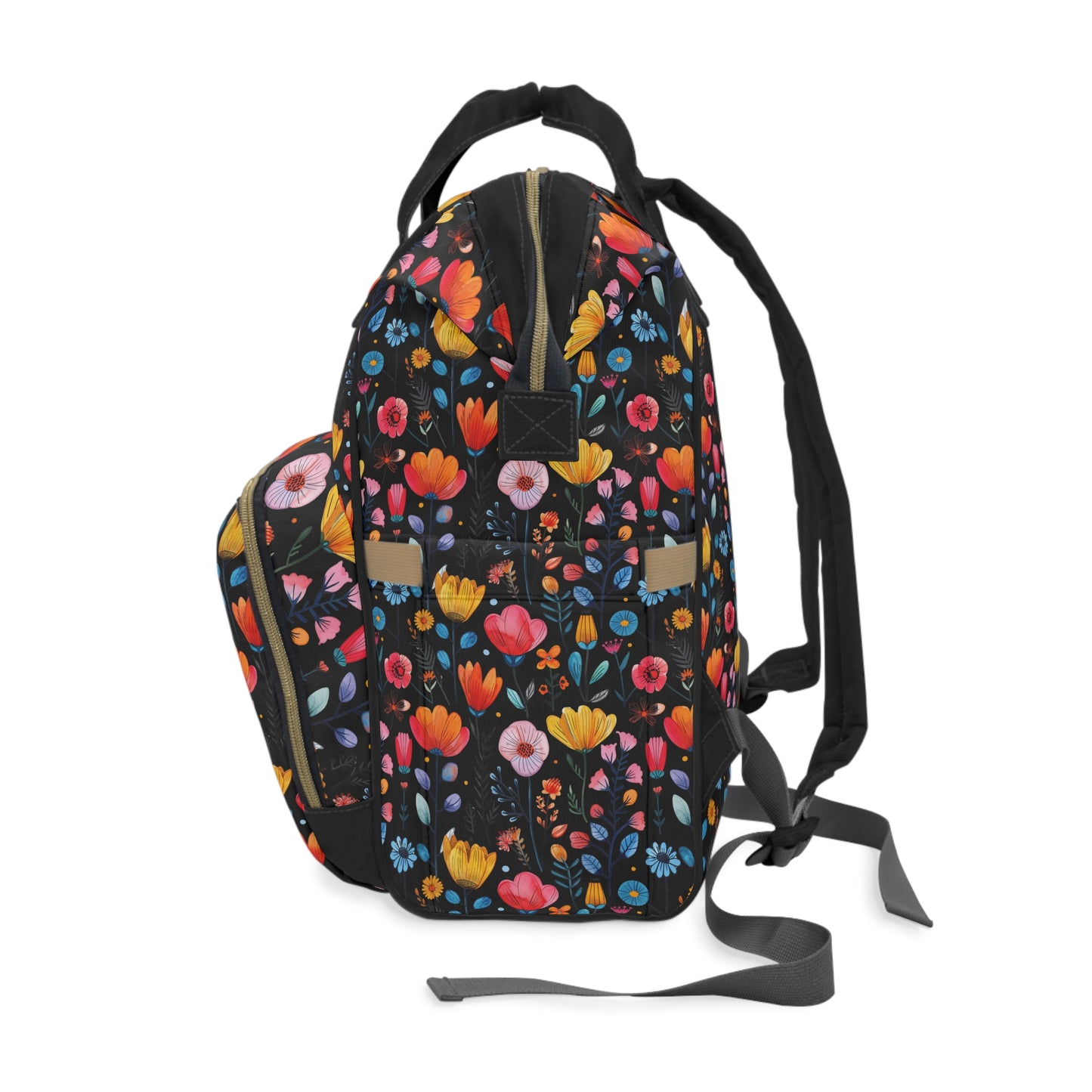 Vibrant Spring Blooms in a Kaleidoscope of Colors on Black Multifunctional Diaper Backpack