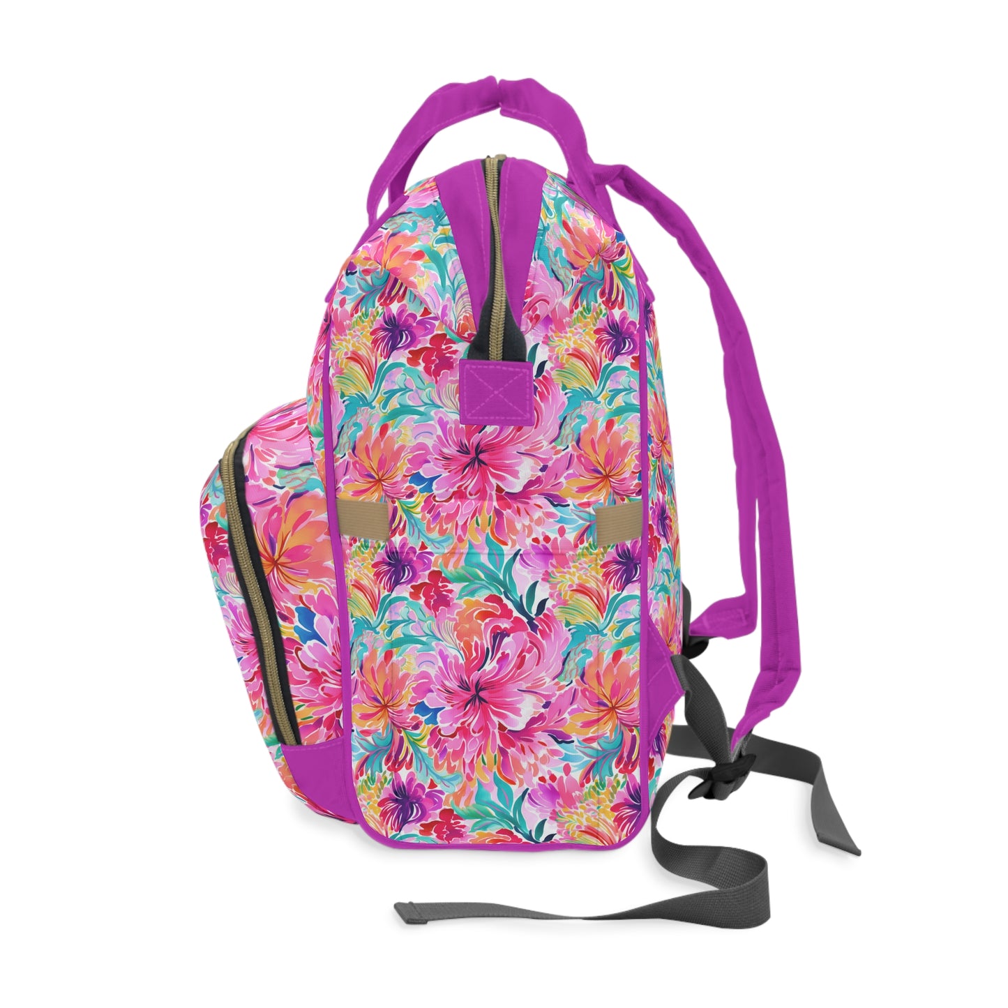 Rainbow Tropics: Watercolor Flowers in Vibrant Pink, Green and Orange Hues Multifunctional Diaper Backpack