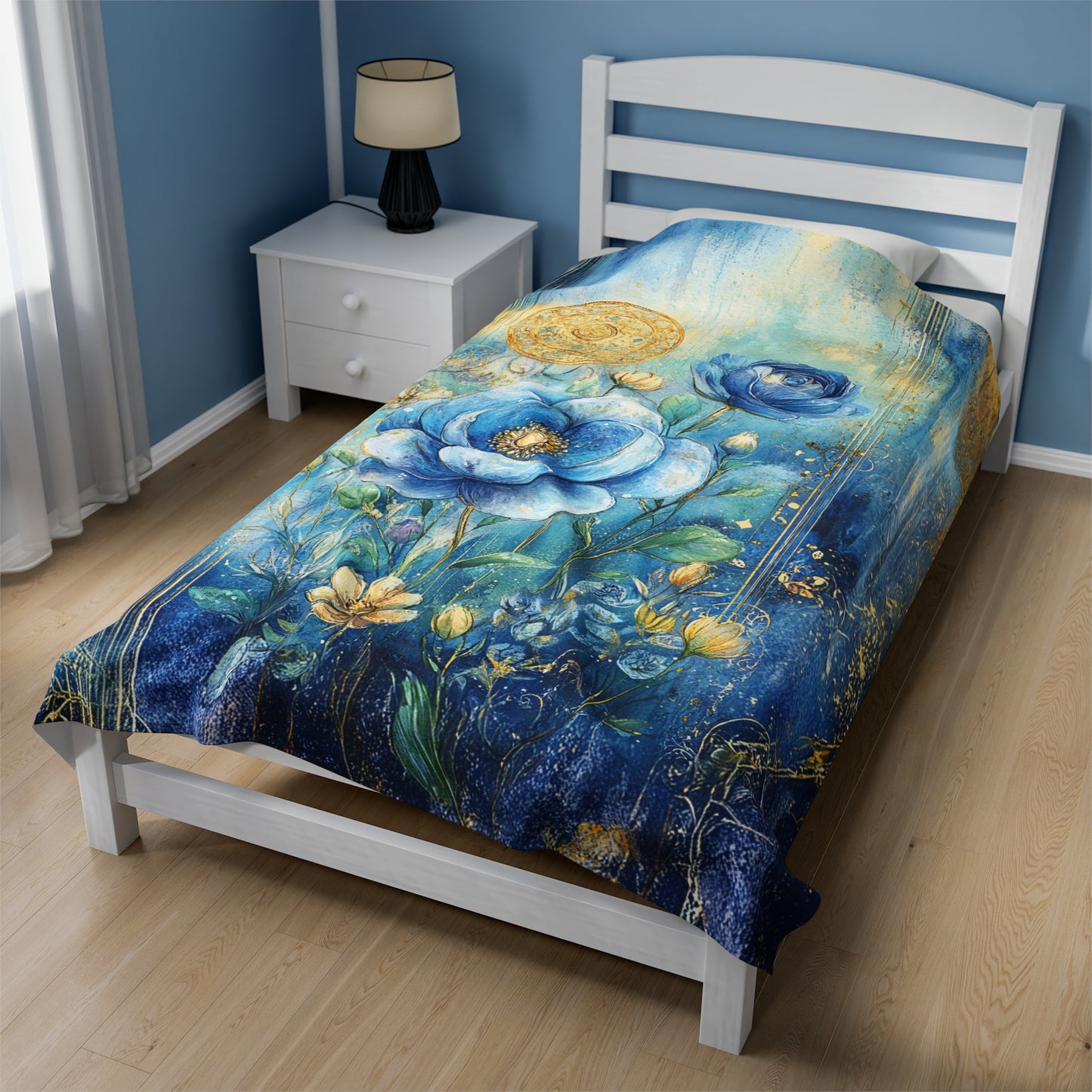 Celestial Blossoms in A Symphony in Blue Velveteen Plush Blanket 3 Sizes