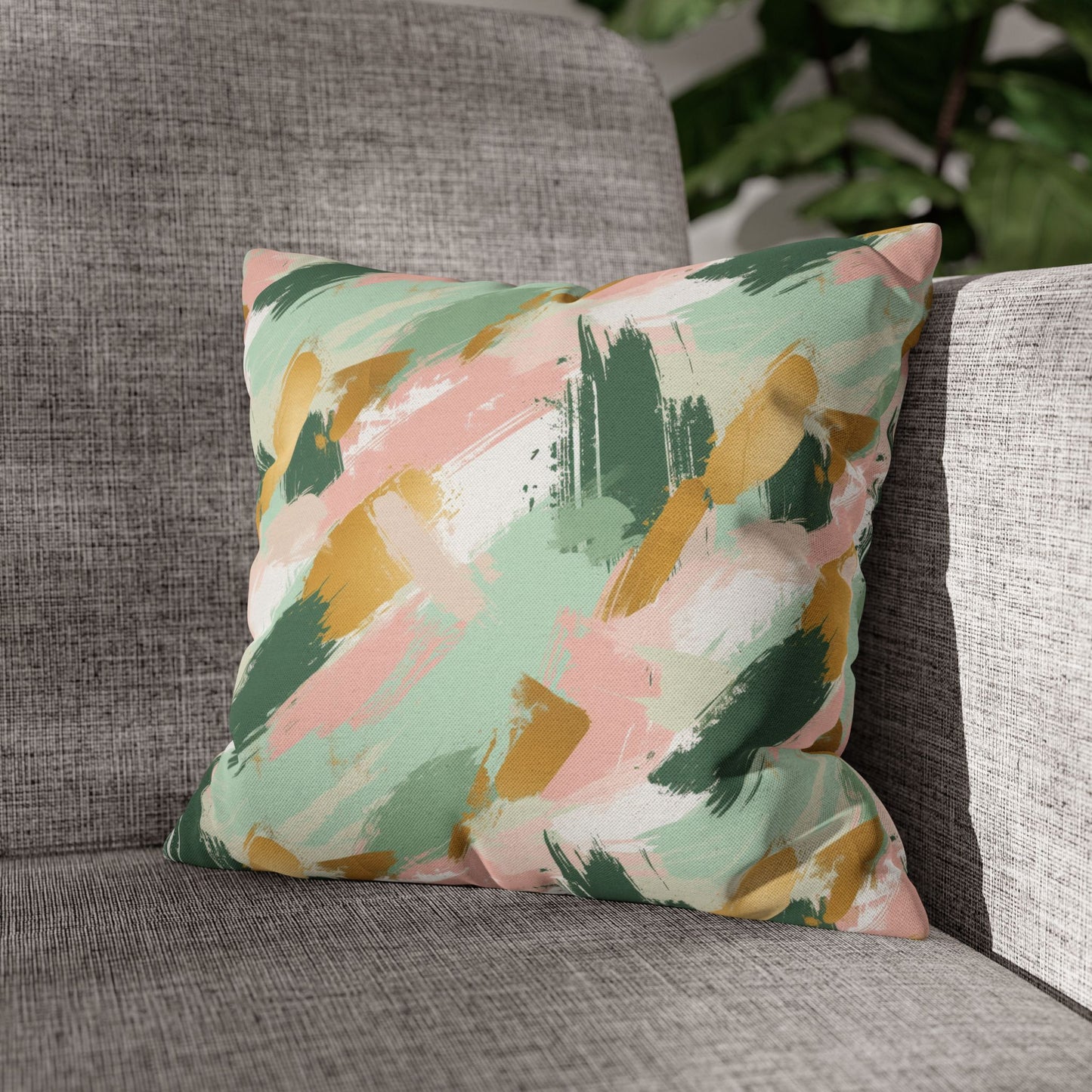 Spring Brushstrokes Abstract in Light Green, Pink, and Gold Spun Polyester Square Pillowcase 4 Sizes