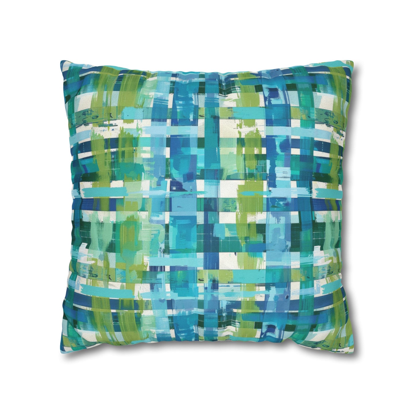 Enchanted Lagoon: Vibrant Green and Blue Abstract Plaid Spun Polyester Square Pillowcase 4 Sizes