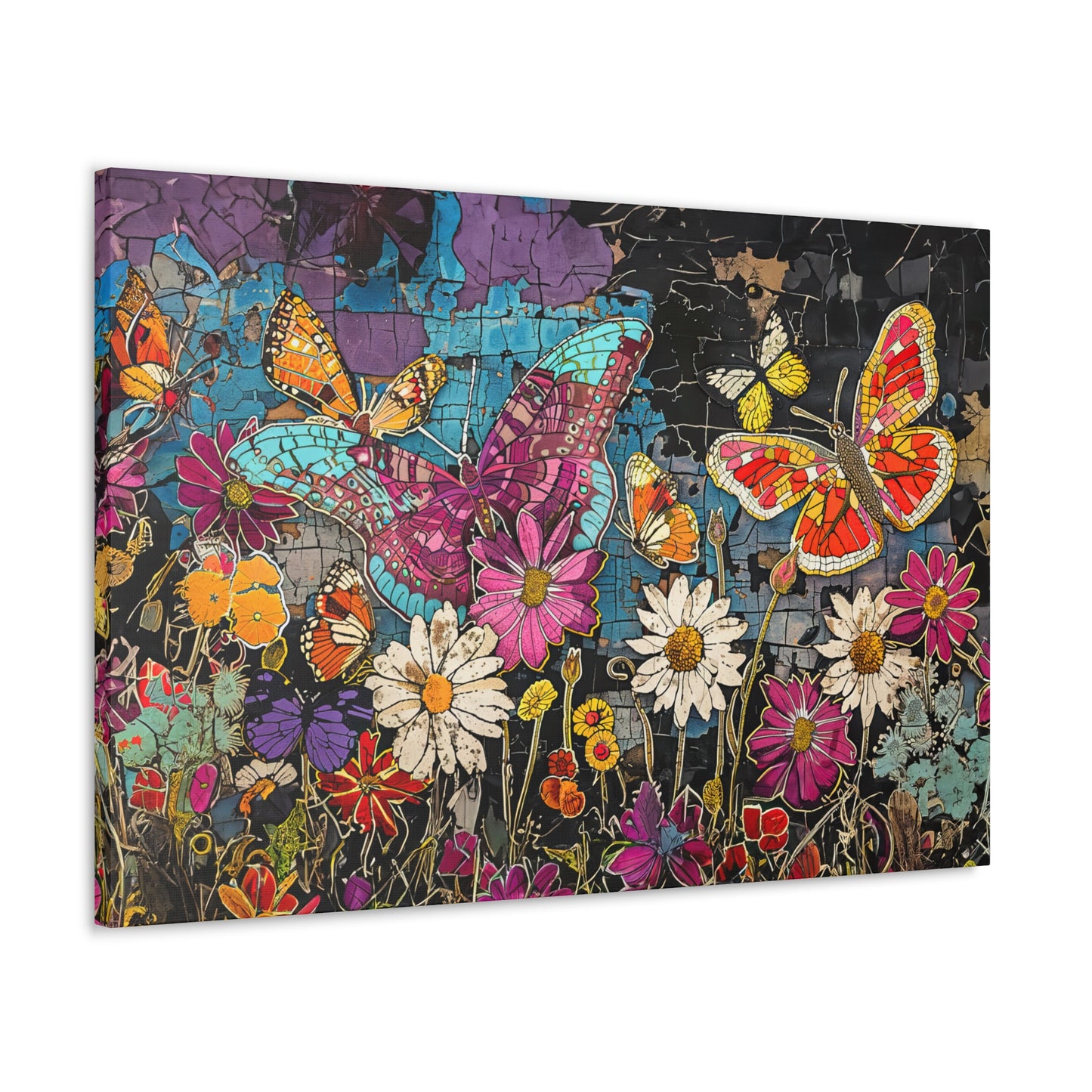 Vibrant Pop Art Garden: Butterfly & Daisy Floral Fantasy Canvas Gallery  - 3 Sizes