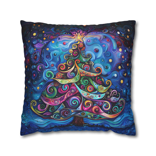 Christmas Tree Sparkling Amidst Vibrant Stars and Purple Hues Spun Polyester Square Pillowcase 4 Sizes