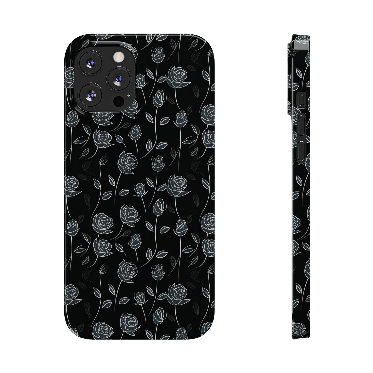 Contrasting Elegance: White Outlined Roses on a Black Background Iphone 15-12 Slim Phone Case