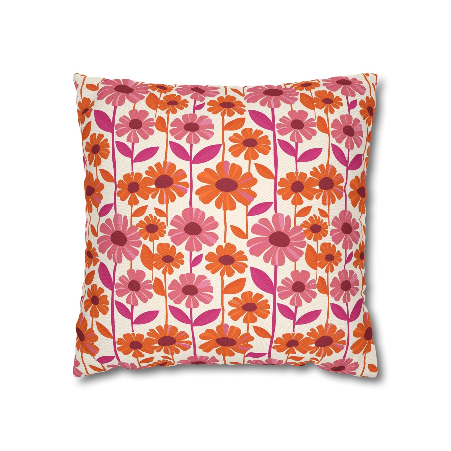 Retro Floral Bliss with Bold Pink and Orange Flower Design Spun Polyester Square Pillowcase 4 Sizes