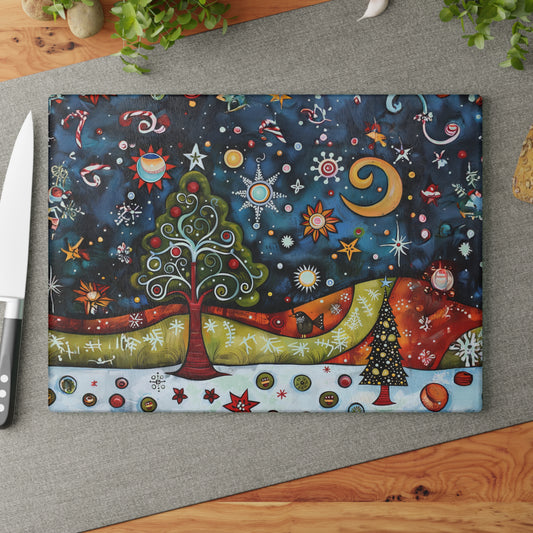 Whimsical Winter Village: Abstract Folk Art Christmas Scene Glass Cutting Board 2 Sizes