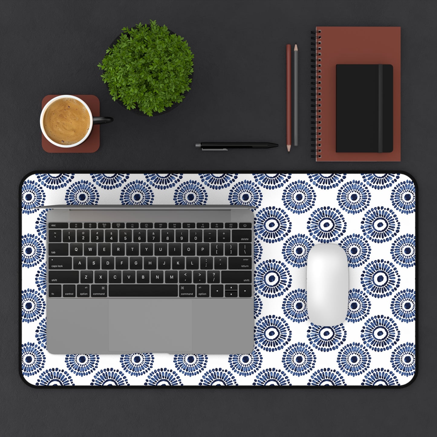 Indigo Sunburst Simple Folk-Inspired Dot Pattern Design Extended Gaming Mouse Pad  Desk Mat  - 3 Sizes