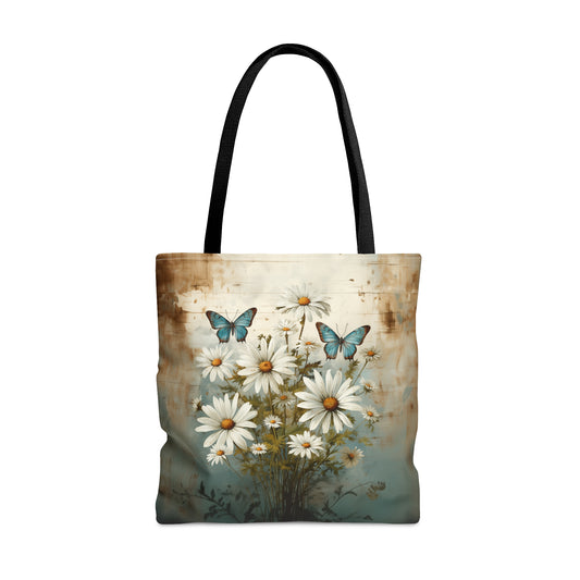 Rustic Farmhouse Daisy and Butterfly Design - Canvas Tote 3 Sizes