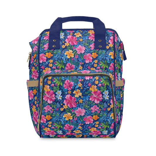 Tropical Sunrise Bloom: Pink Watercolor Flowers with Yellow and Blue Accents Multifunctional Diaper Backpack