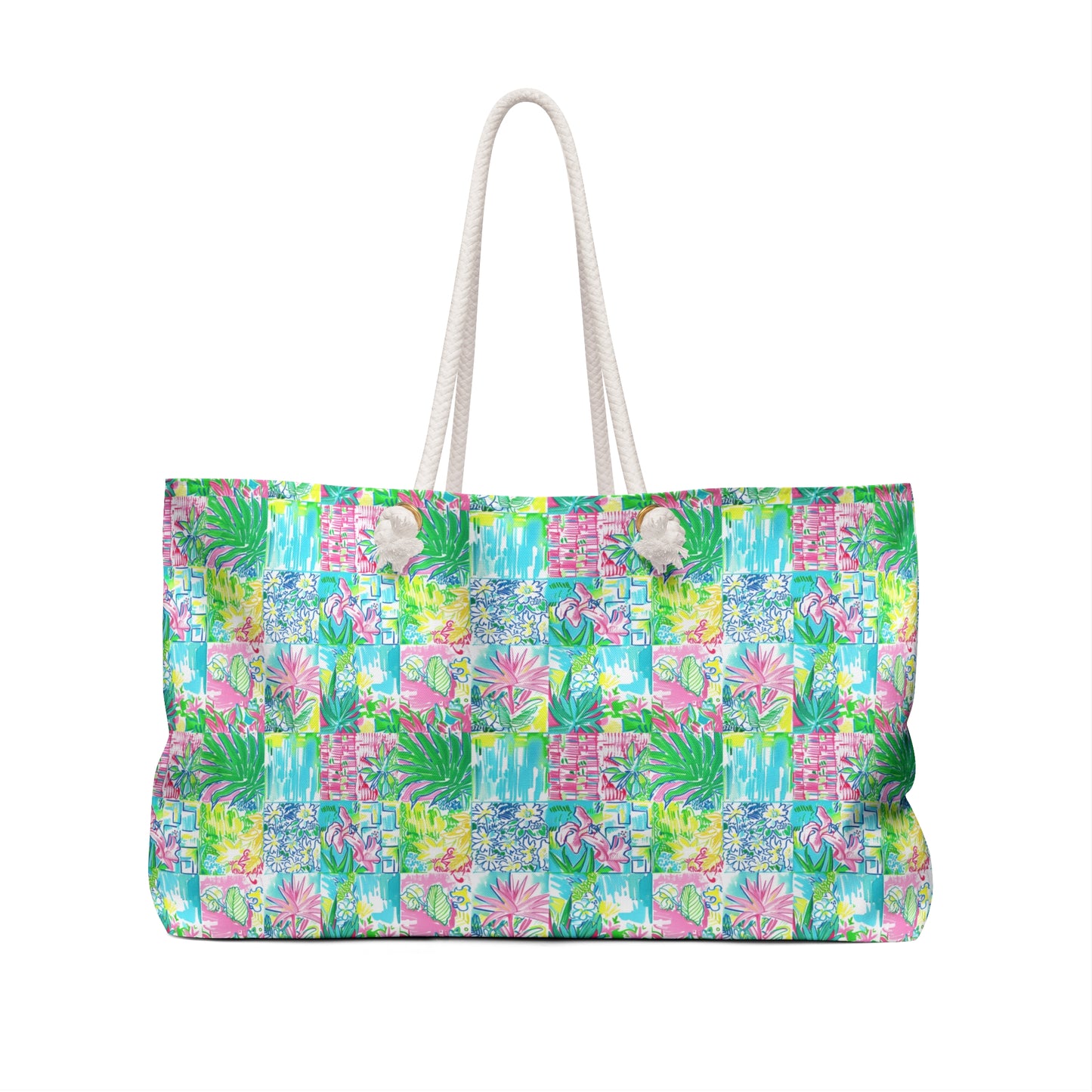 Whimsical Palm Trees and Flowers in Vibrant Pink, Teal, and Green Collage Oversized Weekender Bag