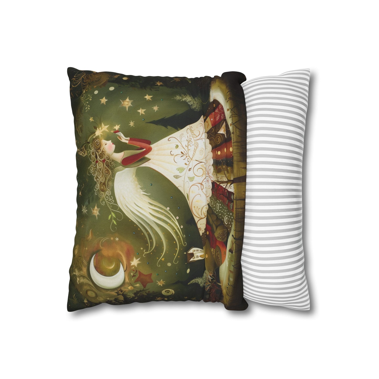 Christmas Angel in Tapestry Dress Amidst a Starlit Forest Spun Polyester Square Pillowcase 4 Sizes