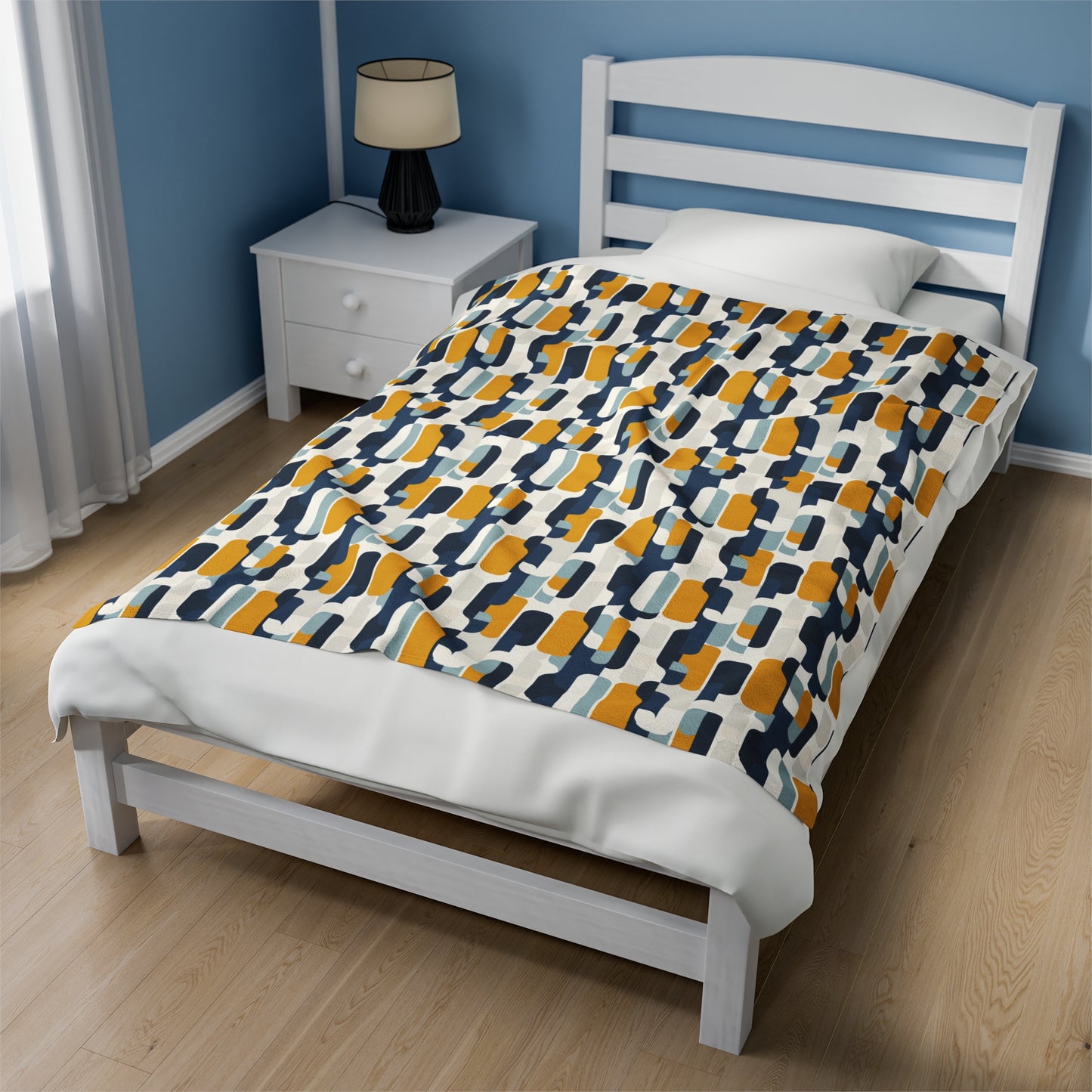 Modern Retro with Bold Geometric Pattern in Mustard and Navy Velveteen Plush Blanket 3 Sizes