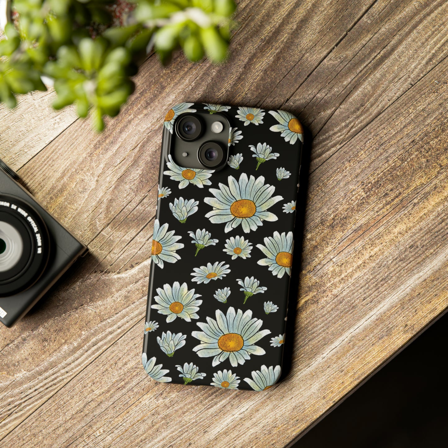 Large Watercolor Summer Daisies Blooming Against a Bold Black Background Iphone 15-12 Slim Phone Case