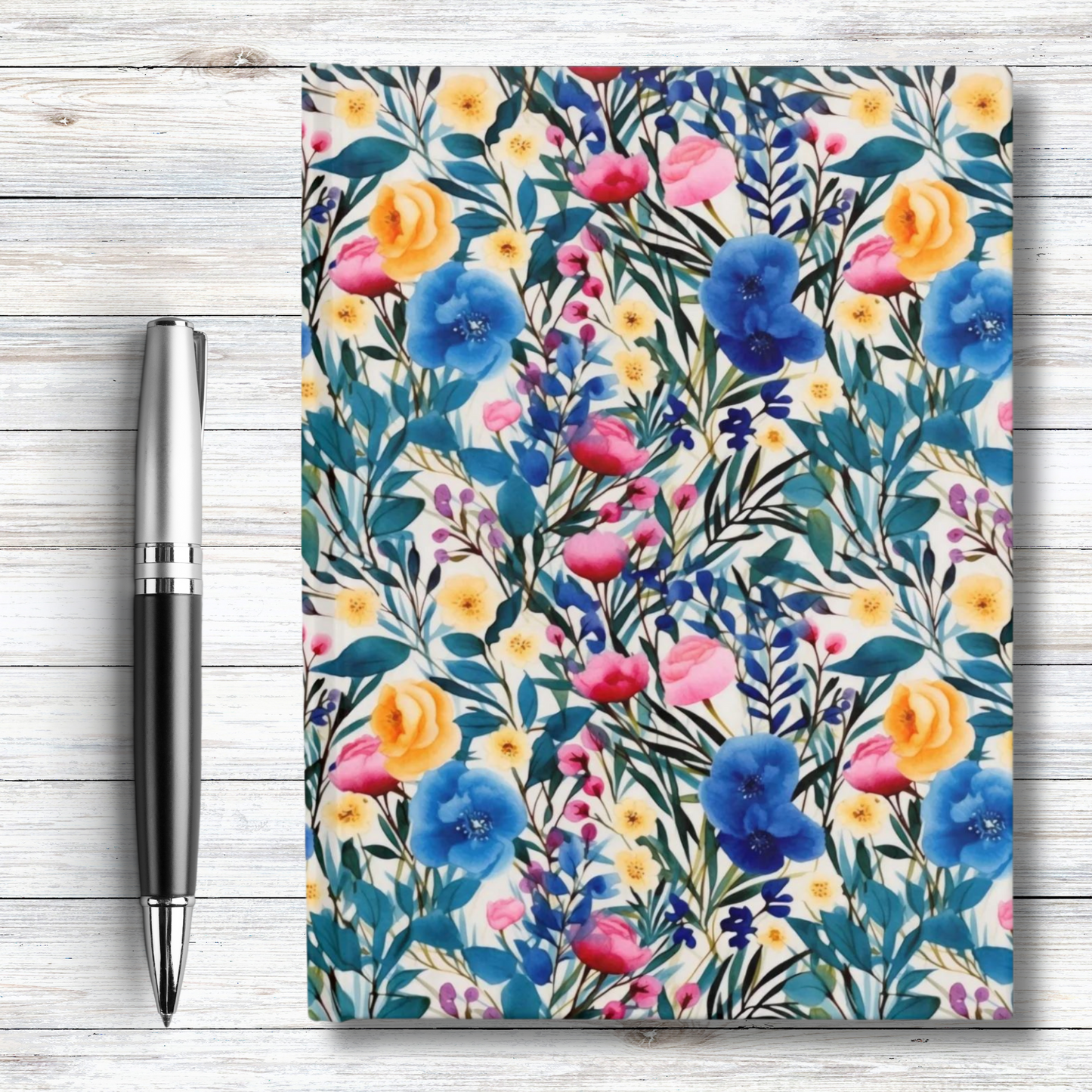 Blooming Brilliance: Large Watercolor Floral Design in Blue, Yellow, and Pink - Hardcover Ruled Line Journal 5" x 7"