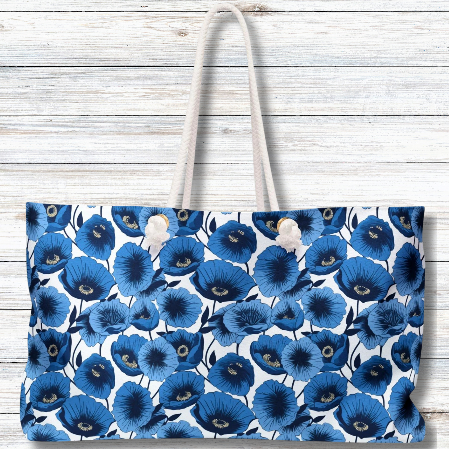 Vivid Blooms Bright Blue Poppies Design - Weekender Oversized Canvas Tote Bag 24" × 13"