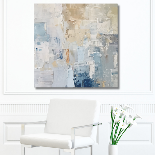 Bold Contrasts Abstract Tan, Grey and Blue Color Blocking with Heavy Strokes Print on Canvas Gallery - 13 Sizes