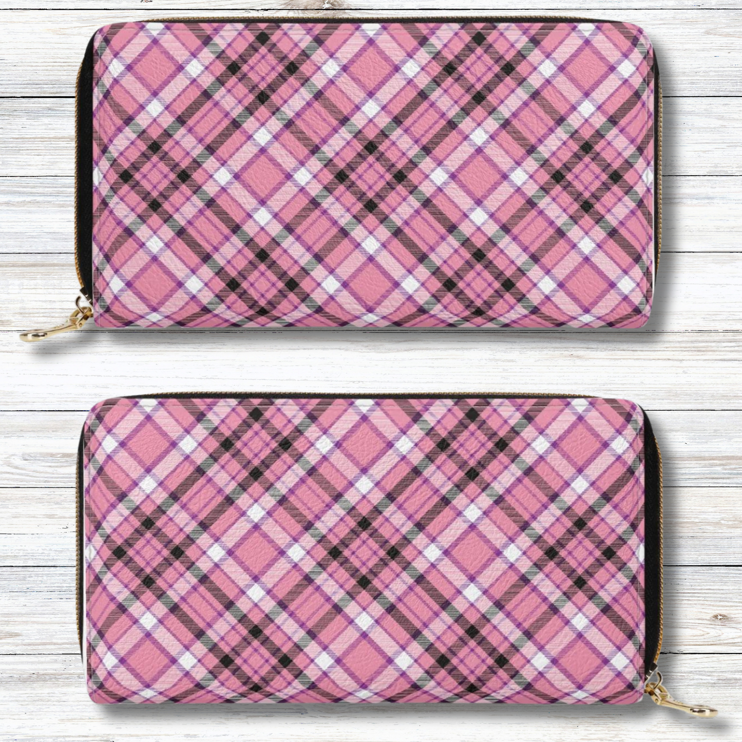 Chic Contrast: Pink & Black Argyle Plaid Pattern Leather Wallet (PU)