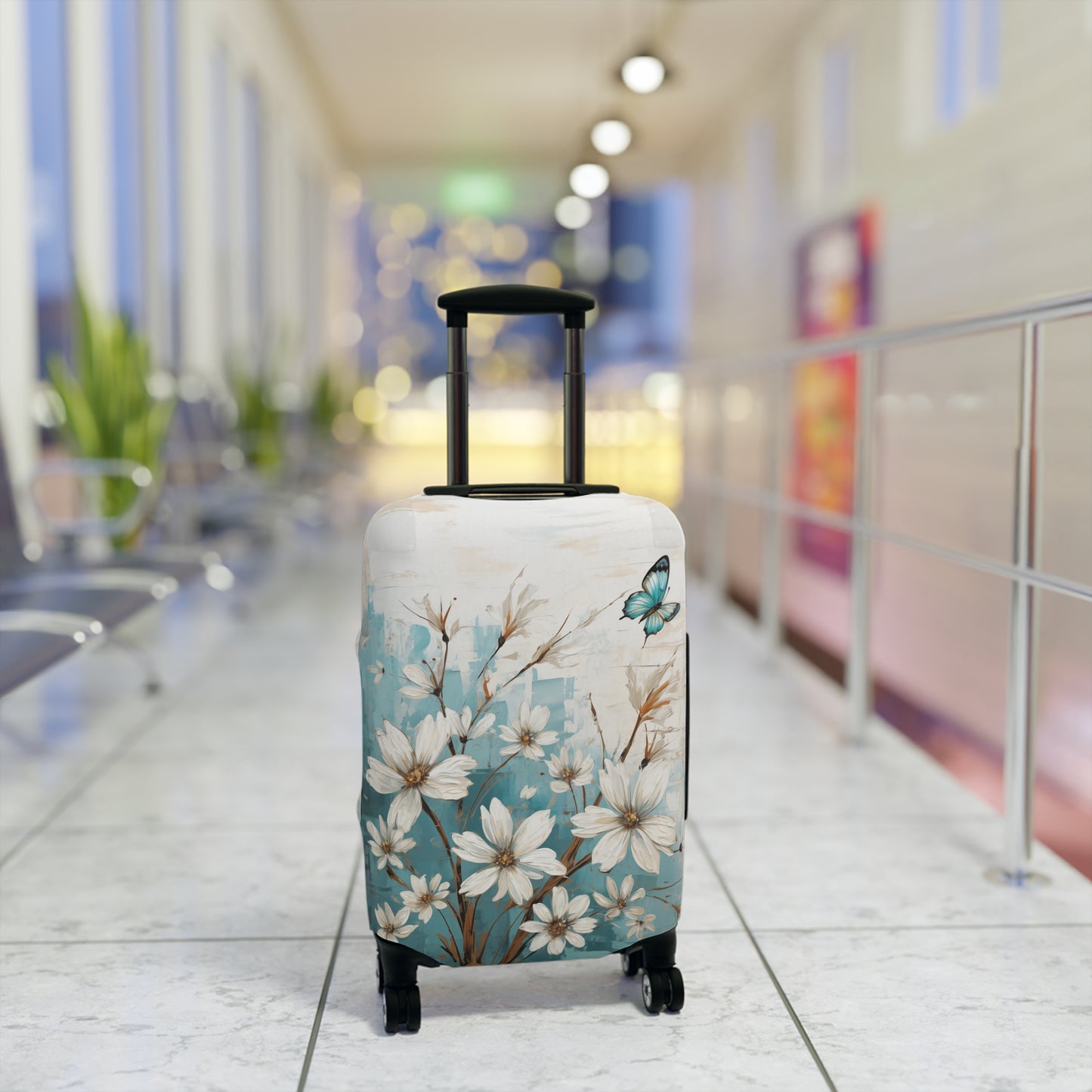 Rustic Farmhouse White and Teal Wild Daisies and Butterflies  - Luggage Protector and Cover 3 Sizes