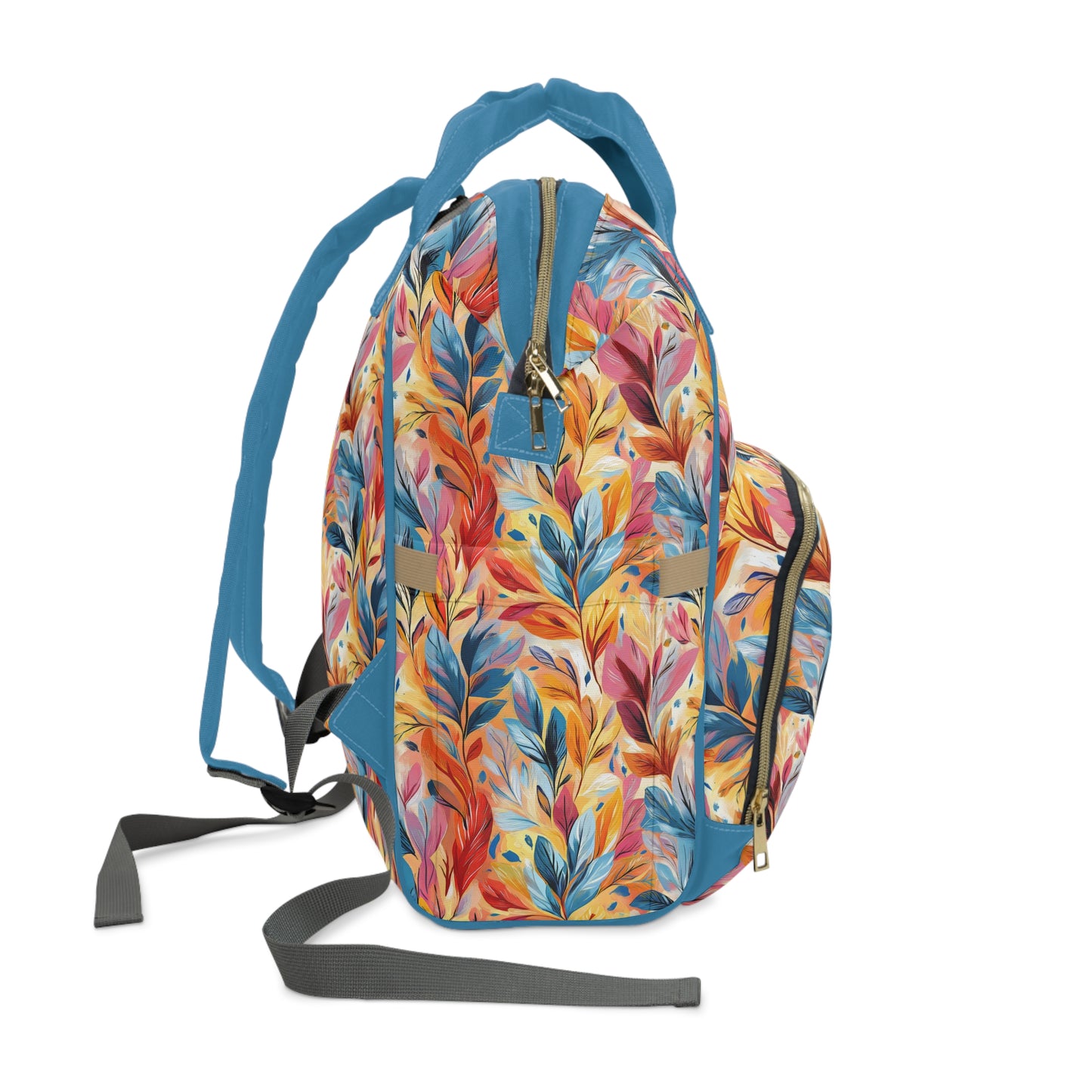 Vibrant Autumn Feathers in Hues of Orange, Yellow, Blue, and Pink on a Textured Background Multifunctional Diaper Backpack