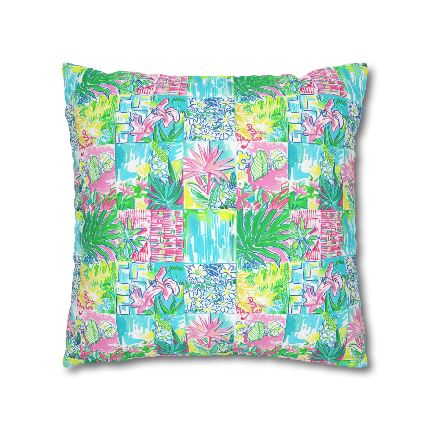 Whimsical Palm Trees and Flowers in Vibrant Pink, Teal, and Green Collage Spun Polyester Square Pillowcase 4 Sizes