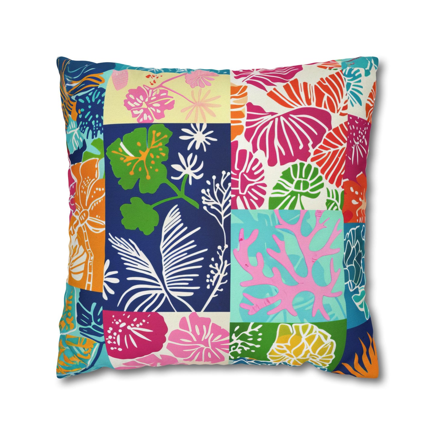 Vibrant Mosaic of Tropical Unique Shapes and Hues, from Vivid Oranges to Deep Blue Leaves and Flowers Spun Polyester Square Pillowcase 4 Sizes