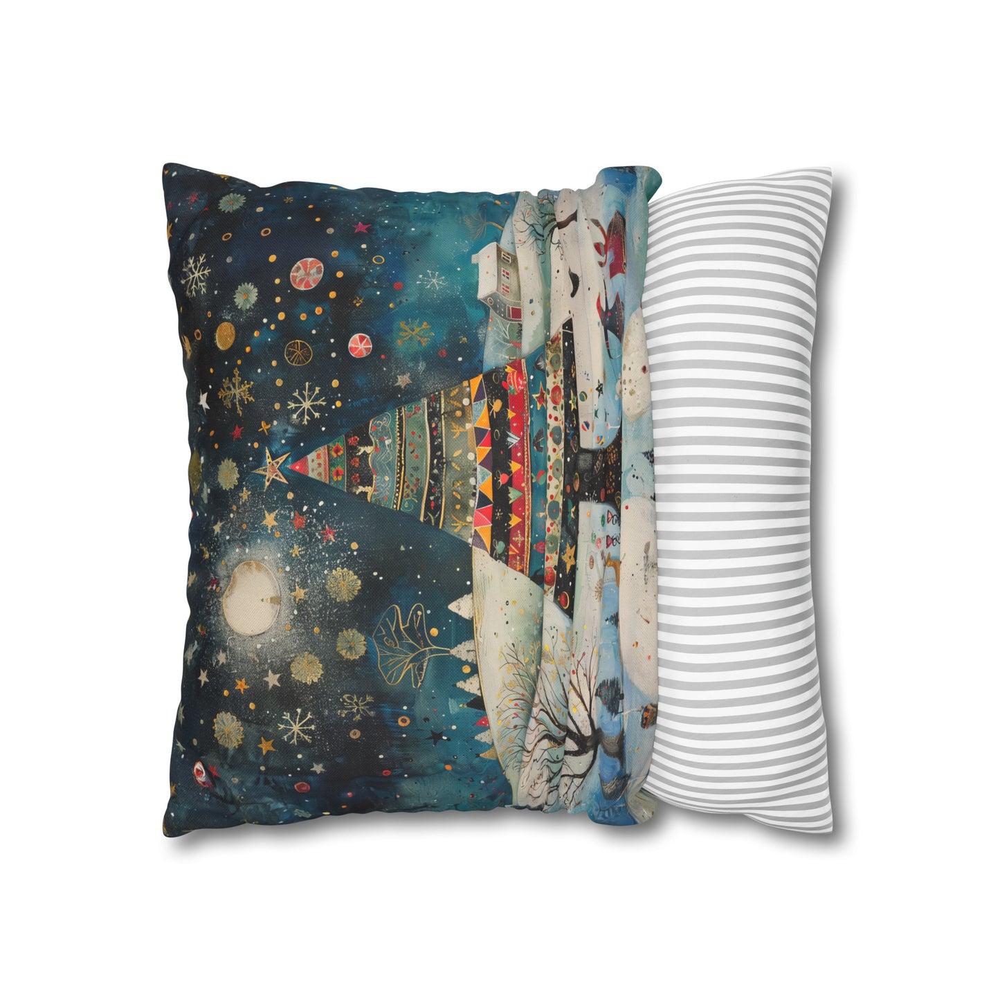 Nighttime Delights: Folk Art Christmas Tree Illuminating a Town, with Joyful Children Playing Below Spun Polyester Square Pillowcase 4 Sizes