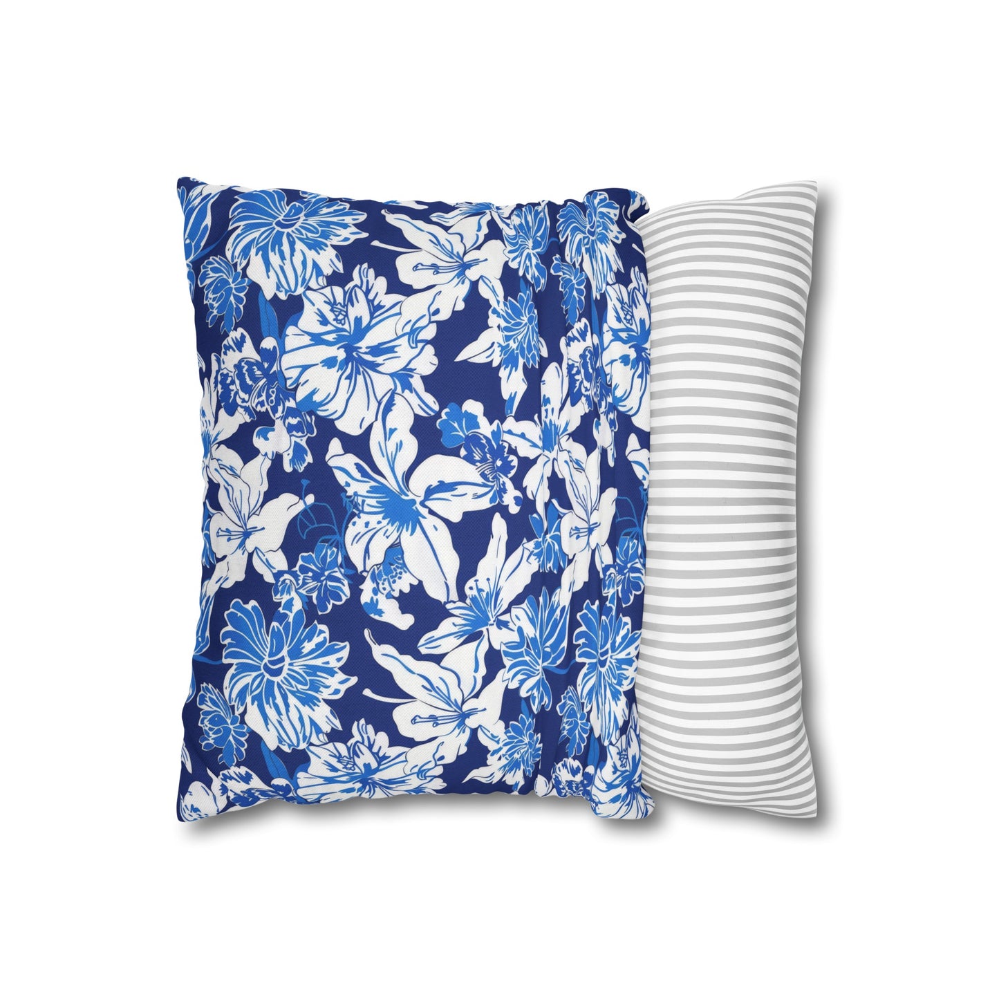 Oceanic Bloom: Watercolor Tropical Flowers in White and Blue against a Deep Blue Background Spun Polyester Square Pillowcase 4 Sizes