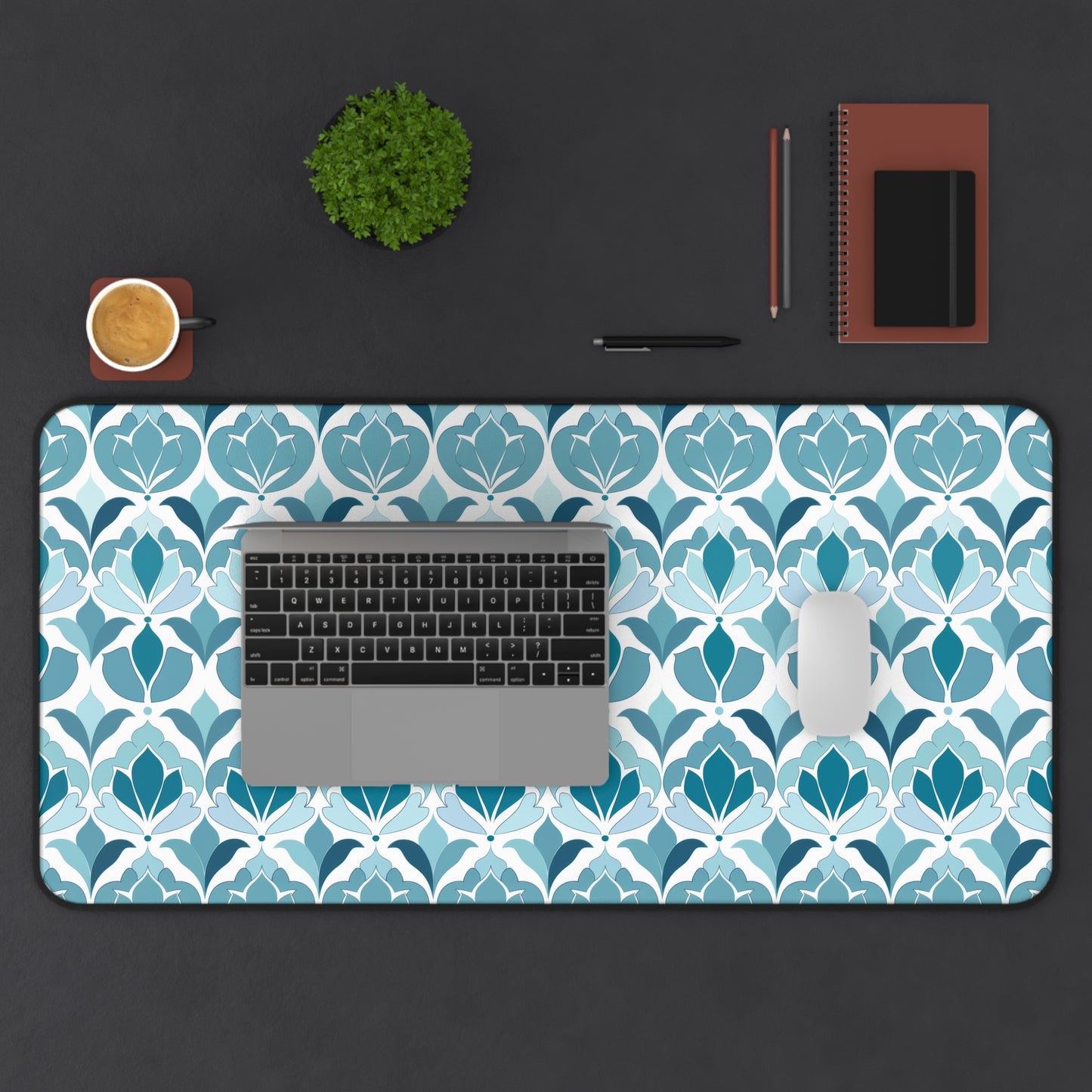 Serene Floral Pattern in Shades of Aqua and Teal, Forming Graceful Botanical Motifs Extended Gaming Mouse Pad  Desk Mat  - 3 Sizes