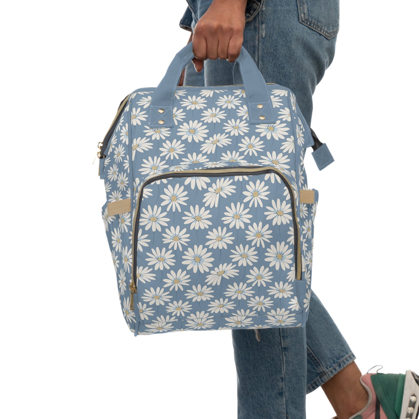 Charming White Daisies on a Soft Blue Background Multifunctional Diaper Backpack