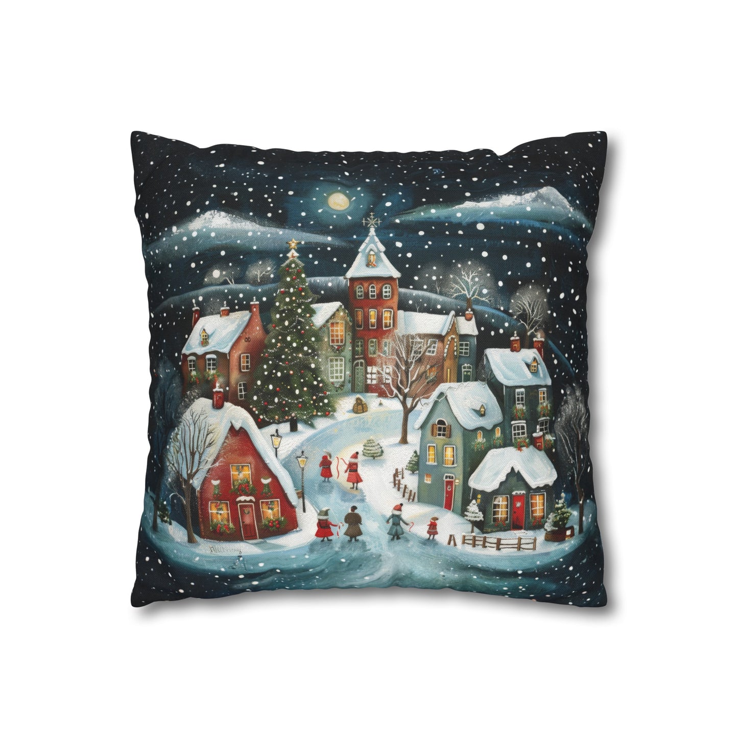 Midnight Magic: Winter Town Aglow with Christmas Decorations and Tree Spun Polyester Square Pillowcase 4 Sizes