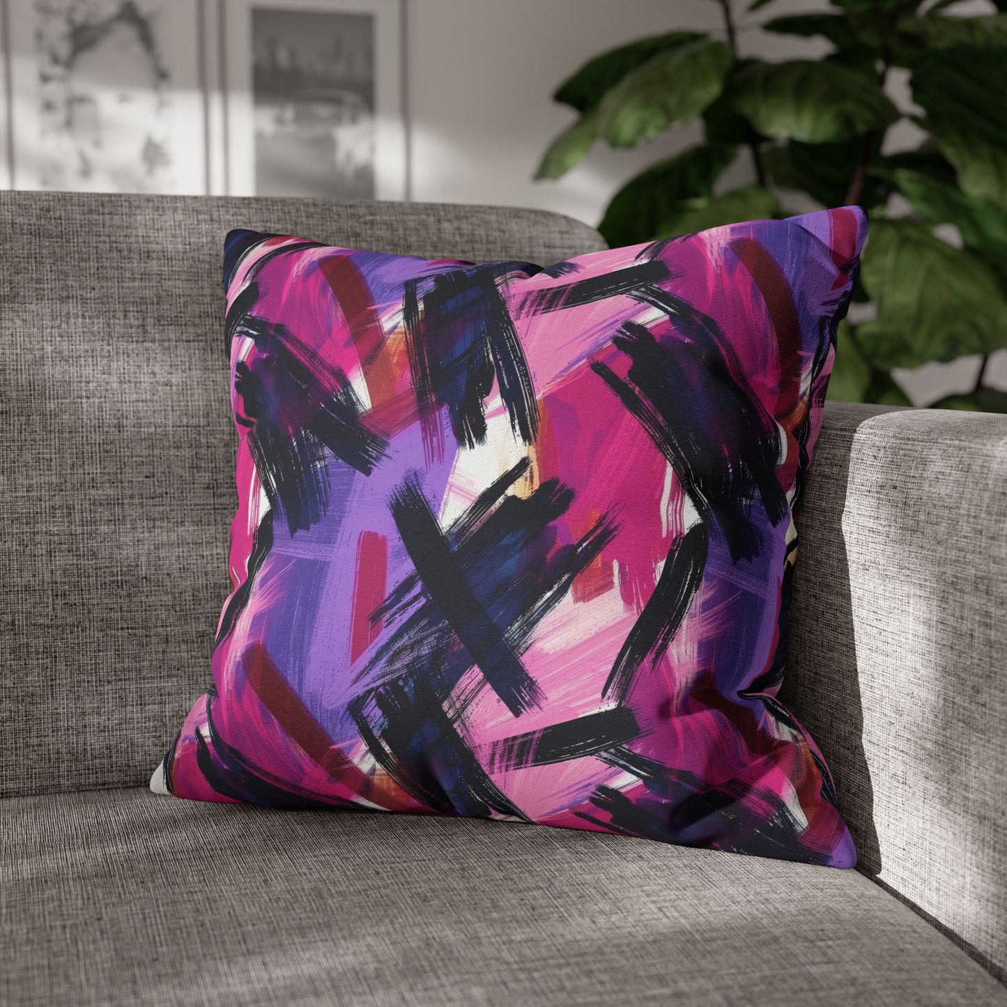 Vibrant Rebellion Brush Strokes in Hot Pink and Cool Purple on a Moody, Dark Background Spun Polyester Square Pillowcase 4 Sizes